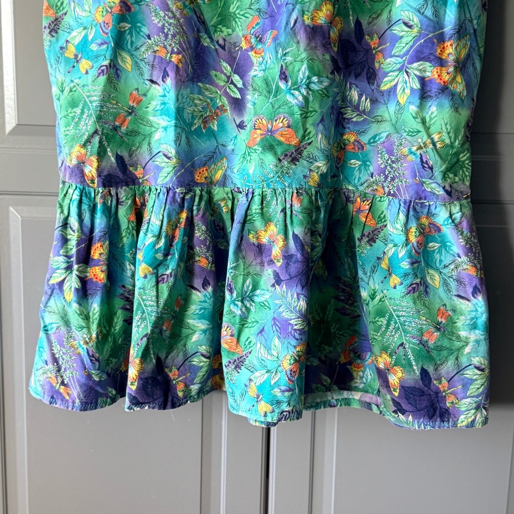 Vintage Whimsy Butterfly Dragonfly Print Drop Waist Sundress, Green Purple,S - Picture 3 of 10